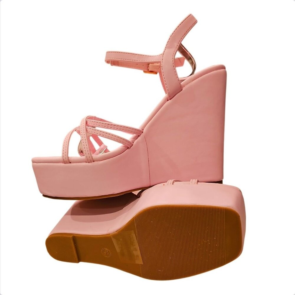 Pink Platform Wedge Sandals With Strappy Design & Adjustable Ankle Strap - Women - Picture 6 of 8